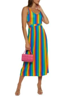 Rainbow Striped Cut Out Side Maxi Dress