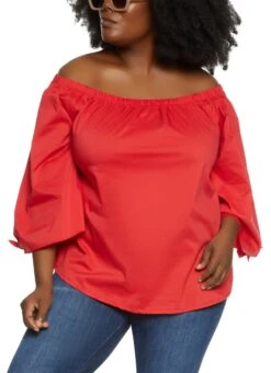 Plus Size Tie Cuff Off The Shoulder Blouse