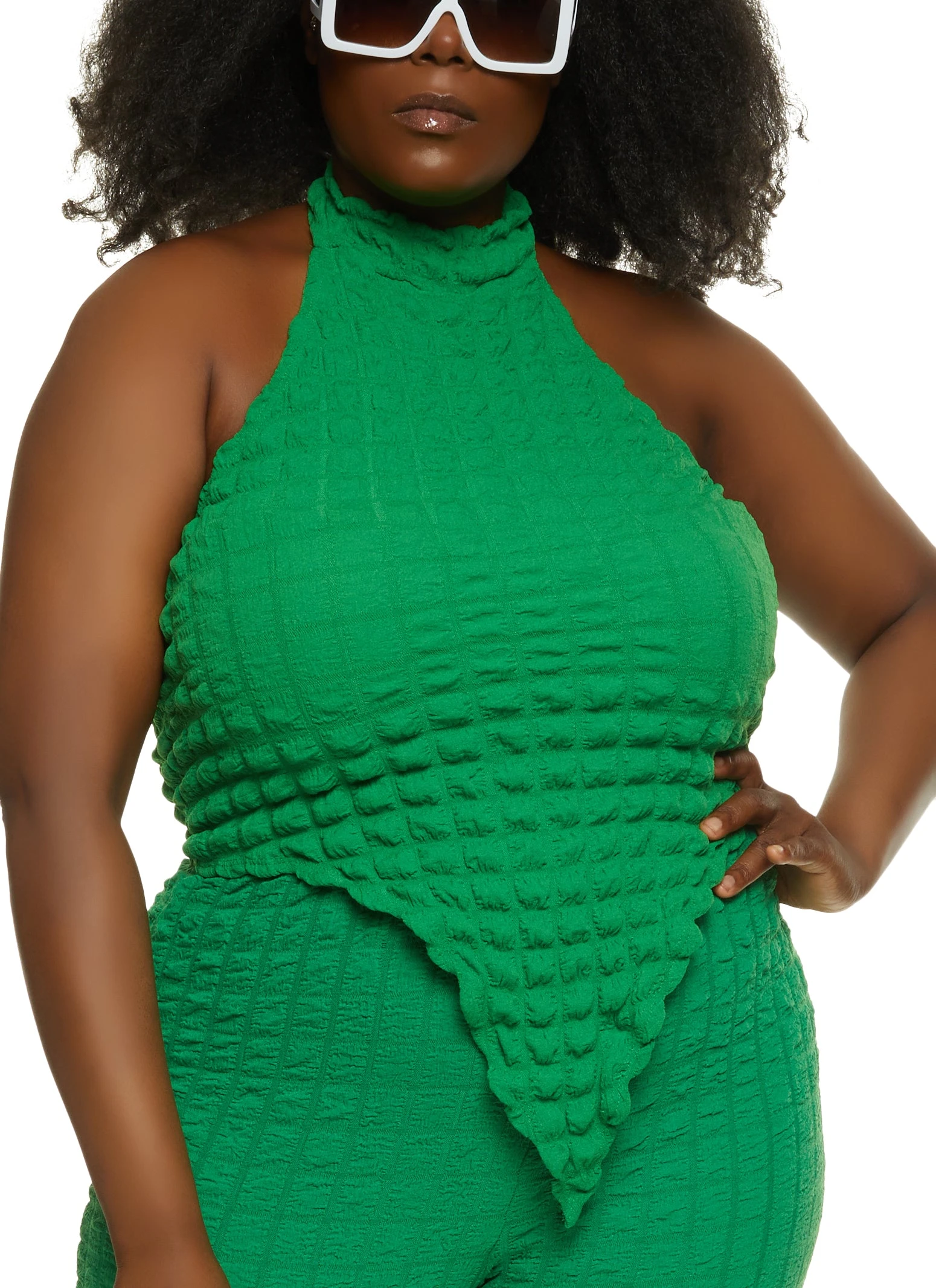 Plus Size Bubble Knit Hanky Hem Halter Top