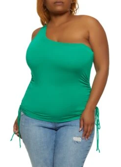 Ambiance Plus Size One Shoulder Ruched Side Top