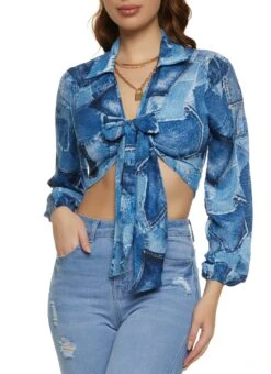 Patchwork Print Tie Front Crop Top