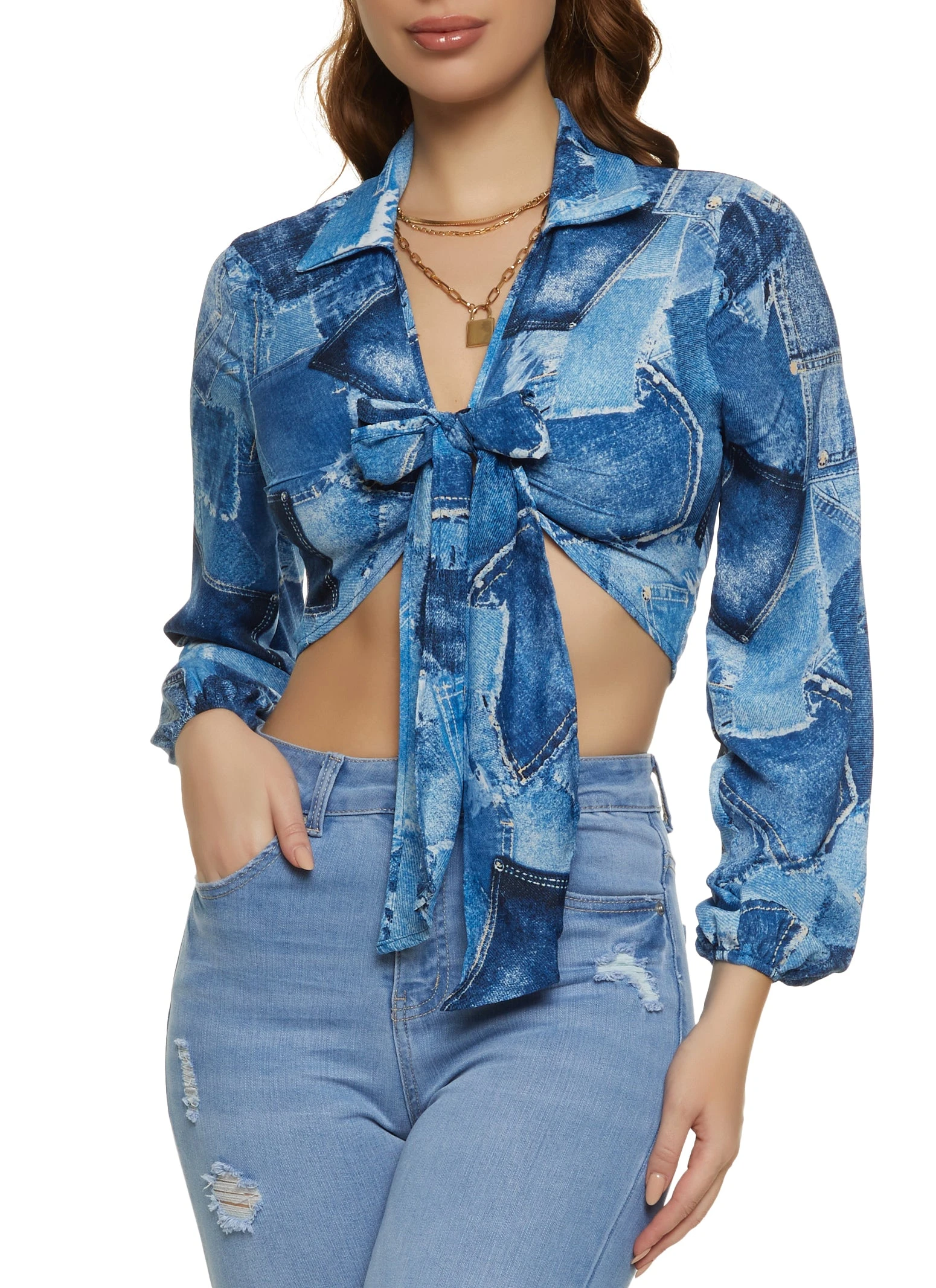 Patchwork Print Tie Front Crop Top