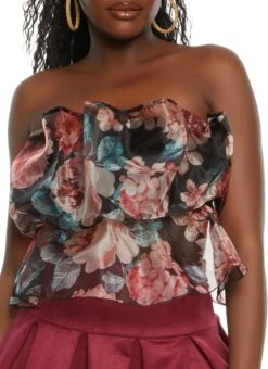 Floral Print Ruffled Organza Sleeveless Top