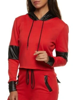 Color Block Faux Leather Detail Hoodie