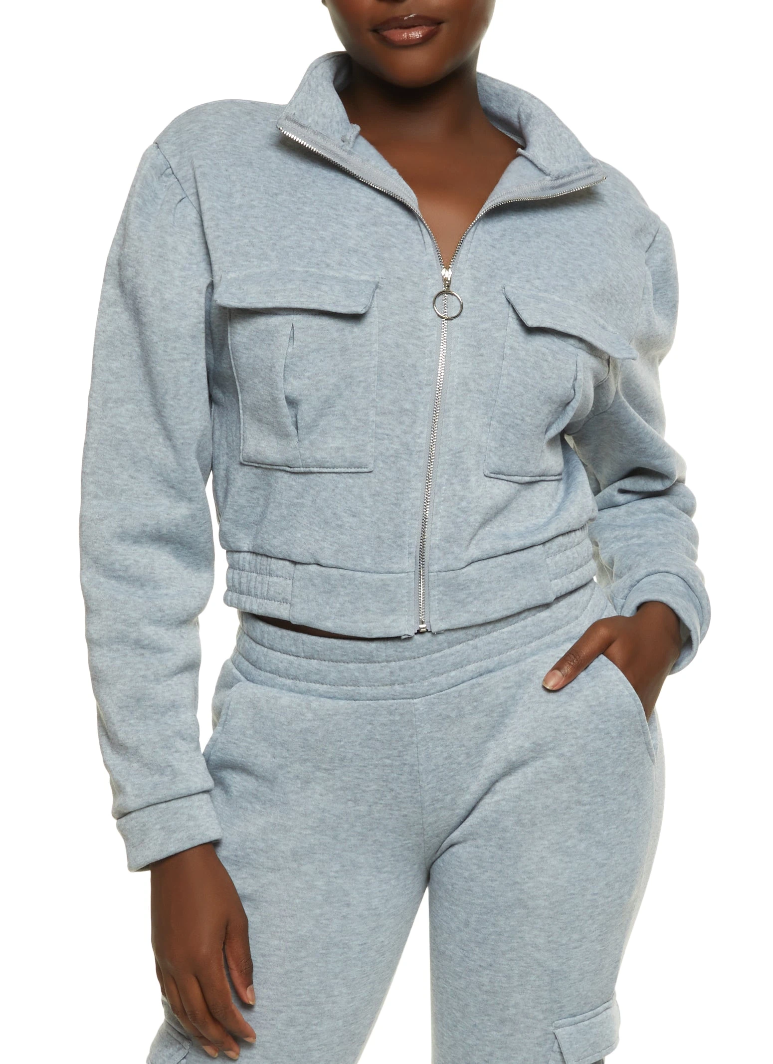 Fleece Zip Front Cargo Pocket Track Jacket