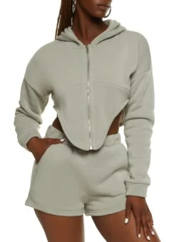 Fleece V Cut Zip Up Cropped Hoodie