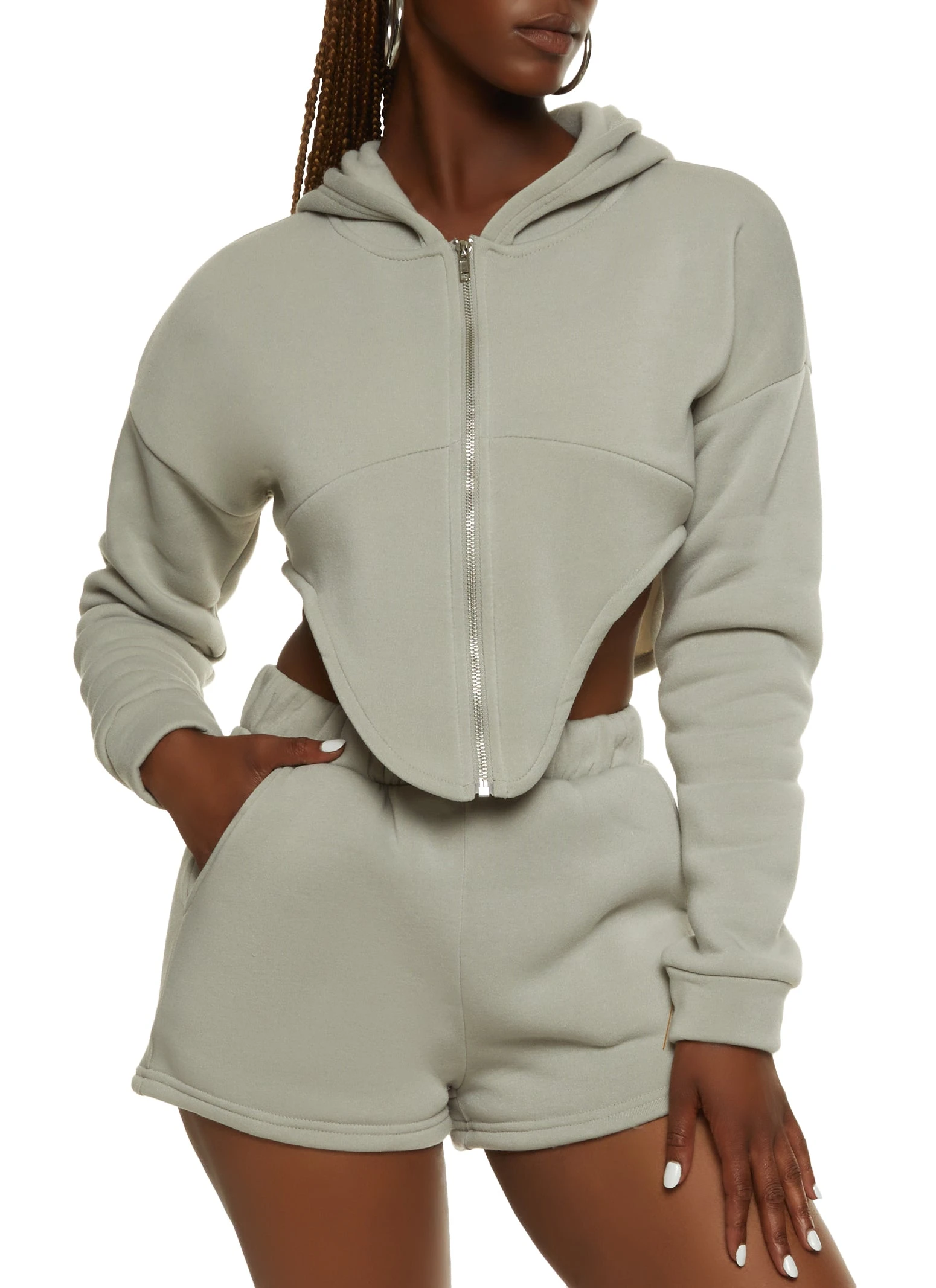 Fleece V Cut Zip Up Cropped Hoodie