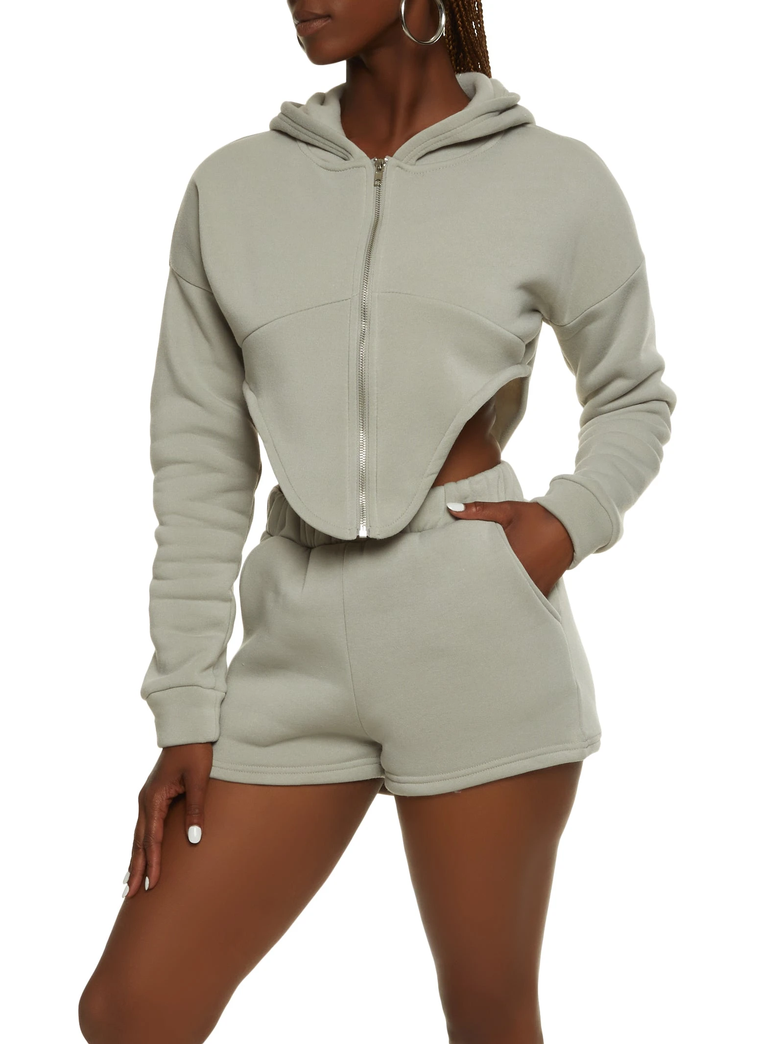 Fleece V Cut Zip Up Cropped Hoodie - Image 2