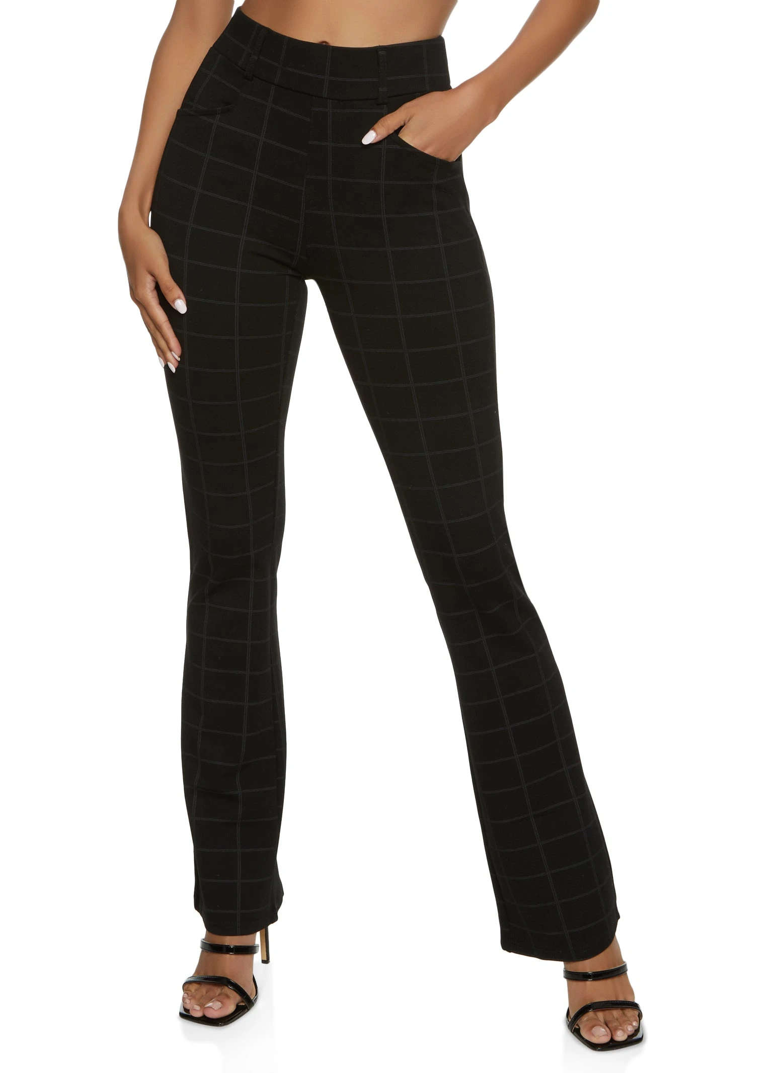 Windowpane Print High Waist Flare Pants