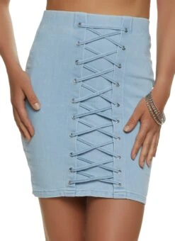 Denim Lace Up Detail Pencil Skirt