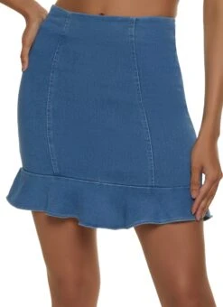 Denim Ruffle Trim Pencil Skirt