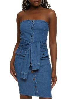 Tie Waist Denim Tube Dress