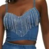 Denim Rhinestone Fringe Bustier Top