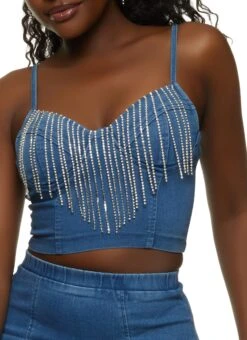 Denim Rhinestone Fringe Bustier Top