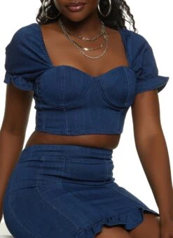 Denim Puff Sleeve Crop Top