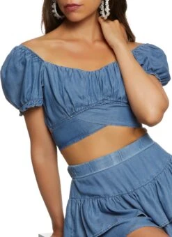 Chambray Puff Sleeve Tie Back Crop Top