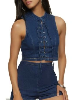 Lace Up Front Denim Tank Top