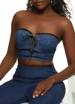 Lace Up Mesh Trim Denim Corset Top
