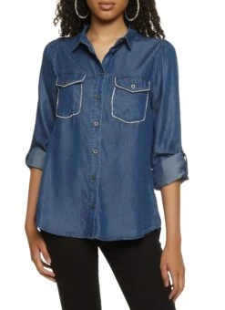 Rhinestone Trim Pocket Chambray Shirt