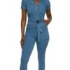 Denim Zip Up Tie Waist Belted Jumpsuit