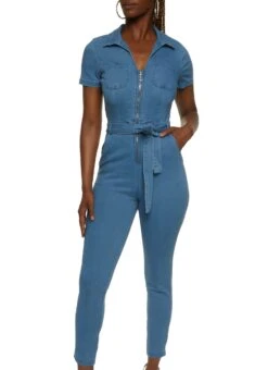 Denim Zip Up Tie Waist Belted Jumpsuit