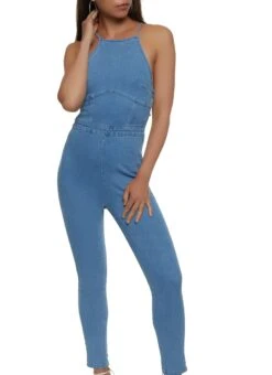 Denim Lace Up Open Back Jumpsuit