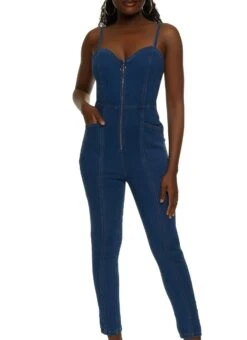 Sweetheart Zip Front Denim Jumpsuit