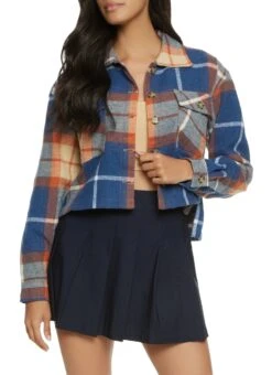 Plaid Brushed Knit Cropped Shacket