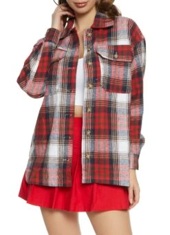 Plaid Brushed Knit Button Front Shacket
