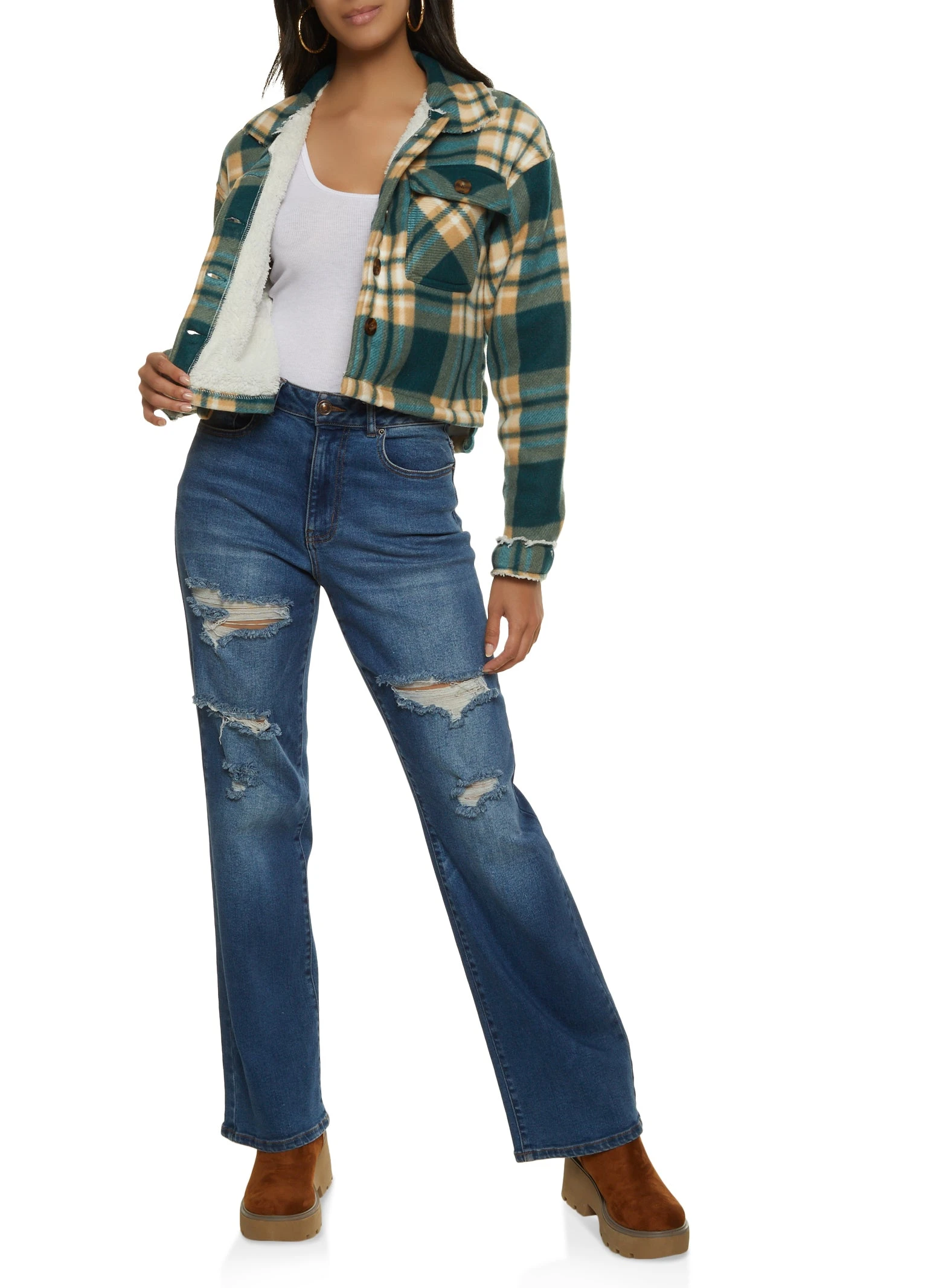 Brushed Knit Sherpa Lined Cropped Shacket - Image 2