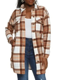 Plaid Brushed Knit Sherpa Lined Longline Shacket