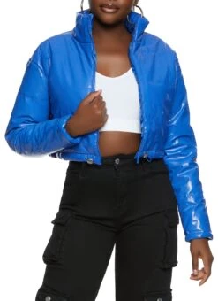 Faux Patent Leather Cropped Puffer Jacket