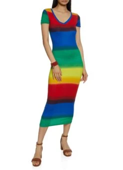 Rainbow Stripe Laser Cut T Shirt Dress