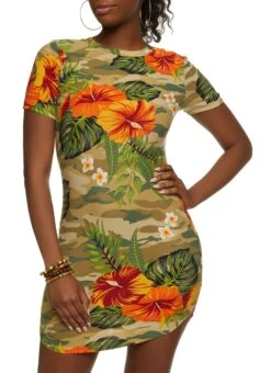 Camo Floral Print T Shirt Dress