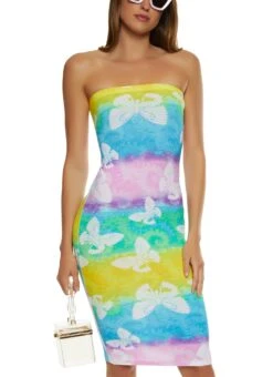 Butterfly Printed Ombre Tube Dress