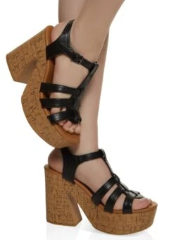 Caged Cork Block Heel Platform Sandals