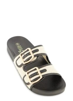 Faux Leather Trim Buckled Slide Sandals