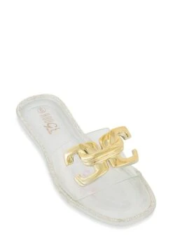 Metallic Buckle Flat Jelly Sandals
