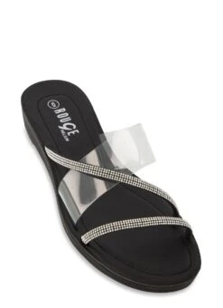 Asymmetric Rhinestone Strap Slide Sandals