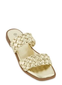 Square Toe Double Braided Band Slide Sandals