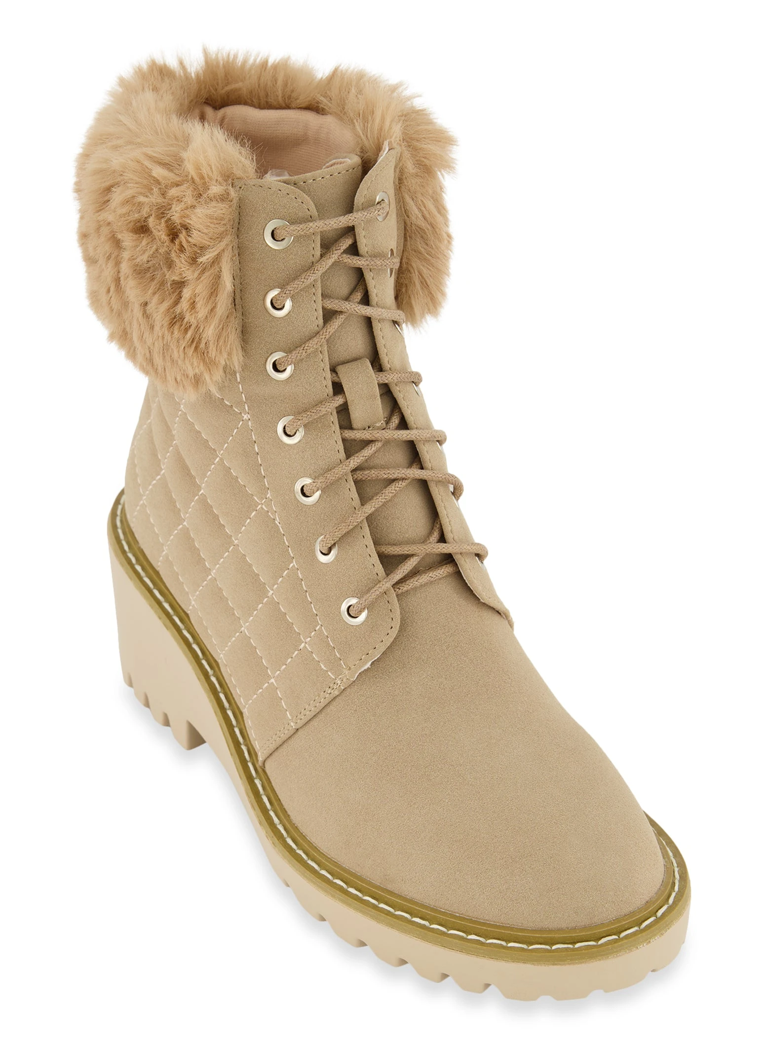 Faux Fur Trim Lace Up Wedge Booties