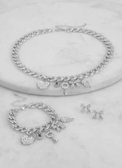 Rhinestone Charm Necklace With Bracelet And Earrings