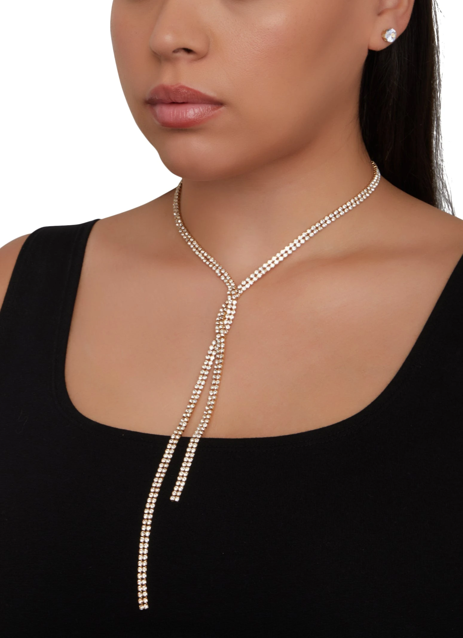 Rhinestone Twist Lariat Necklace And Stud Earrings