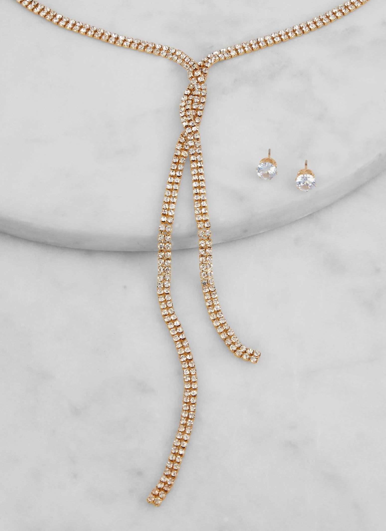 Rhinestone Twist Lariat Necklace And Stud Earrings - Image 2