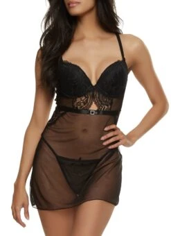 Sheer Patterned Lace Babydoll And G String