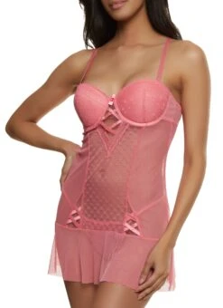 Pink Patterned Lace Babydoll And G String