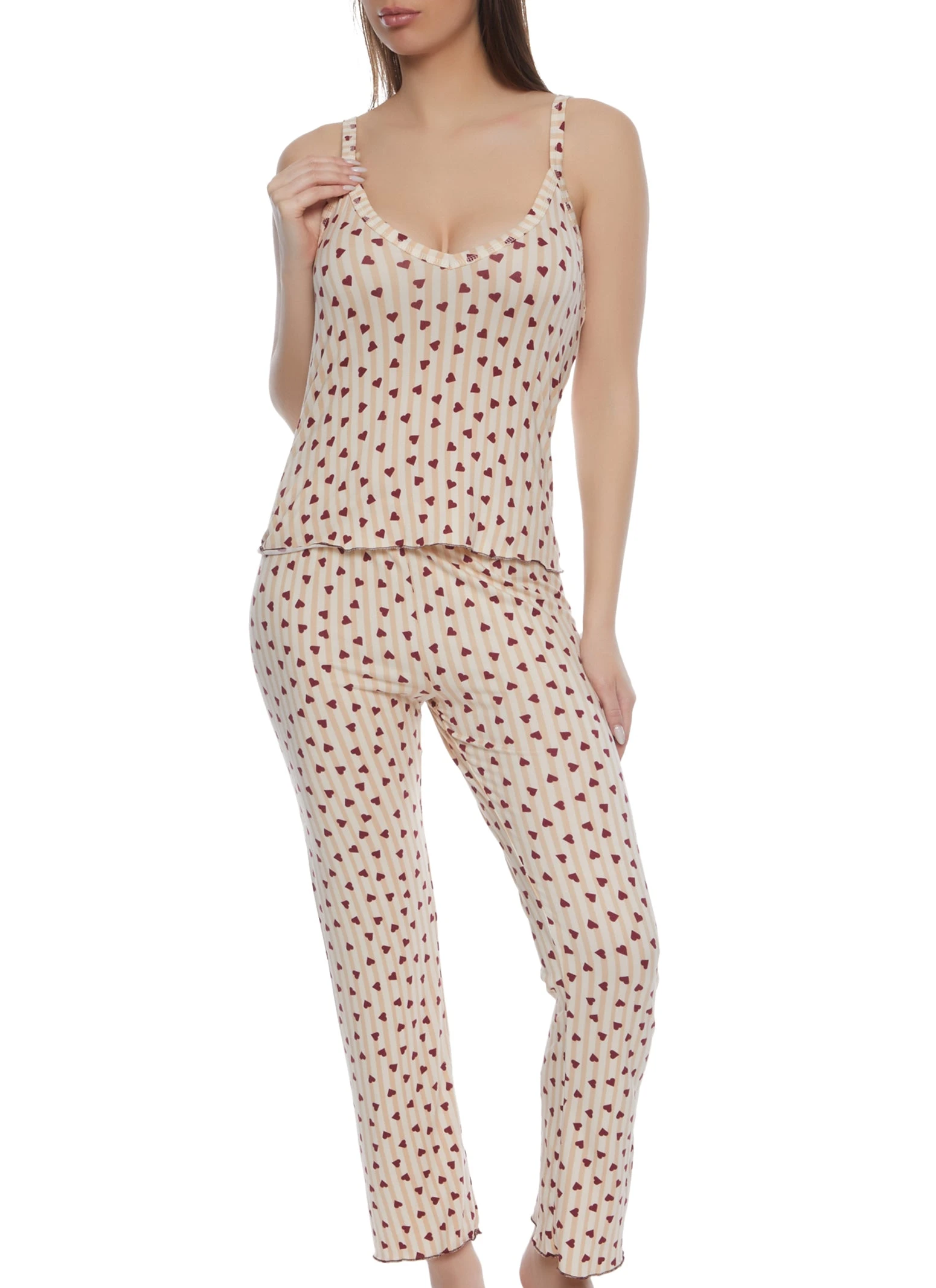 Stripe Heart Printed Pajama Cami And Pants