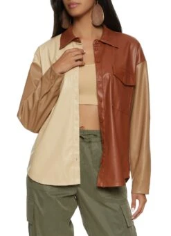 Faux Leather Color Block Button Front Shirt