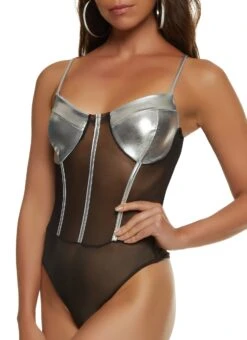 Faux Leather Mesh Corset Bodysuit