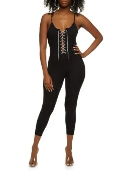 Ribbed Rhinestone Lace Up Jumpsuit